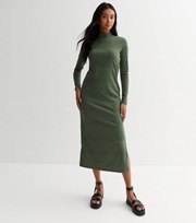 New Look Dark Green Ribbed High Neck Long Sleeve Midi Dress